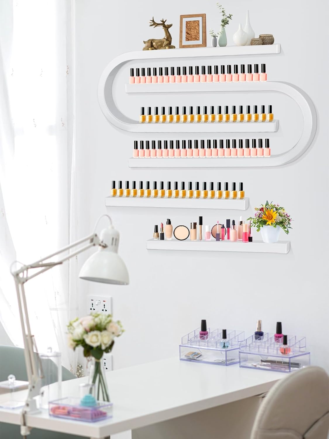 EBANKU 4PC U Shape Nail Polish Racks Heavy Duty Nail Shelfs for Wall Nail Polish Display Rack Cosmetic Display Cases Lipstick Perfume Wall Shelf Nail Polish Organizer for Home Spa Nail Salon (White)