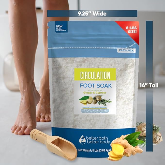 Circulation Foot Soak 128oz (8 Lbs) Epsom Salt Home Spa Soothing Soaks with Natural Ginger and Cypress Essential Oils Plus Vitamin C in BPA Free Pouch with Easy Press Lock Seal Made in USA