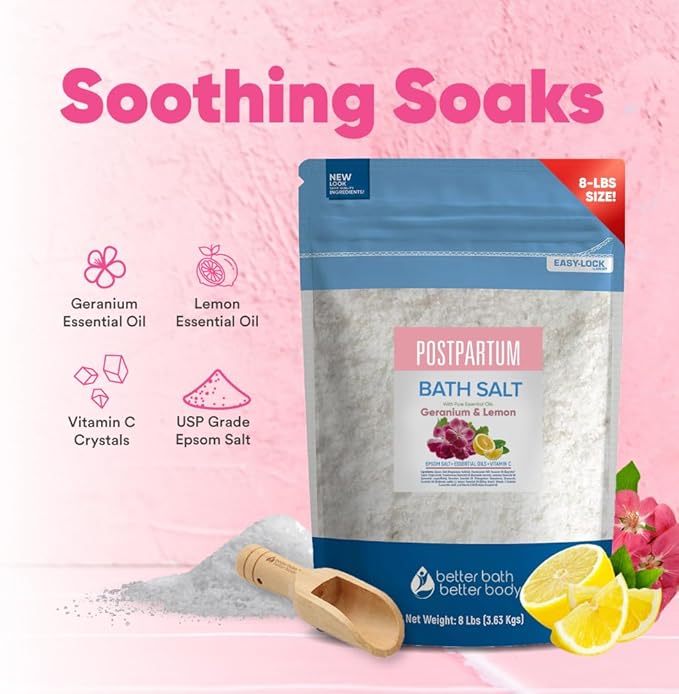Postpartum Sitz Bath Soak 128 Ounces (8 Lbs) Bulk Bag Postpartum Care for New Moms Bath Salt with Essential Oils in Easy Press Lock BPA Free Pouch Made with Natural Ingredients Made in USA