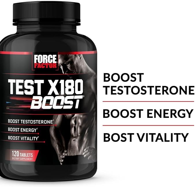 FORCE FACTOR Test X180 Boost Testosterone Booster and Energy Supplement for Men, Boost Energy, Increase Stamina, Enhance Vitality and Performance, with D-Aspartic Acid and Fenugreek, 120 Tablets