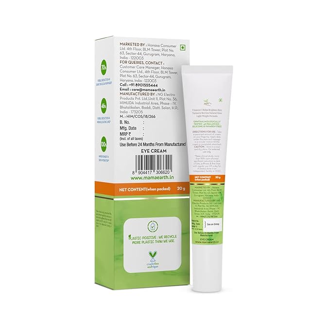 MAMAEARTH Vitamin C Daily Glow Under Eye Cream | Reduces Dark Circles, Puffiness, Bags & Wrinkles | Soothes Tired Eyes | Firms Under Eye Skin | 0.71 Oz/20 g
