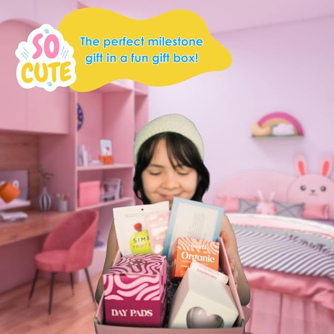 Besti First Period Kit for Girls (Ages 9-12) | Organic Pads & Liners, Pimple Patches, Bath Bomb, Lip Balm, Spa Headband & First Period Guide | Self-Care Gift Box for Teens – Menstrual Starter Kit