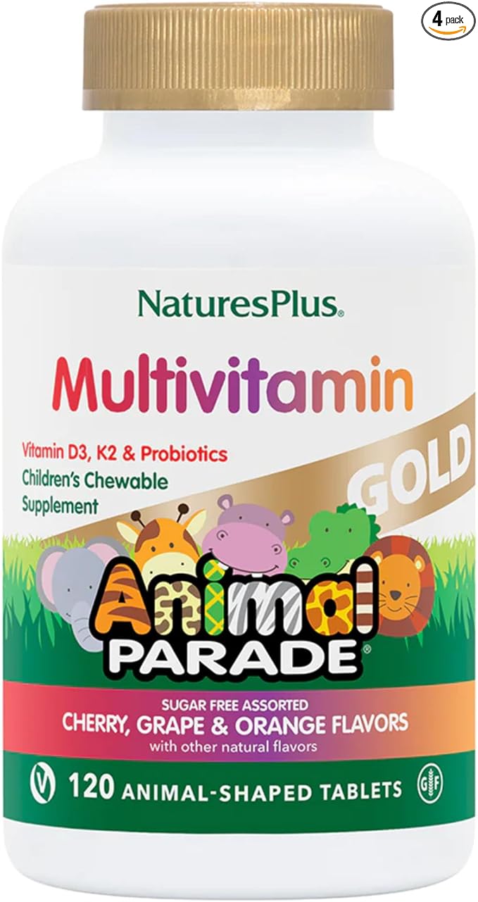 NaturesPlus Animal Parade Gold Children's Multivitamin - Assorted Cherry, Orange & Grape Flavors - 120 Animal-Shaped Chewable Tablets, Pack of 4 - Vegan, Gluten Free - 240 Total Servings