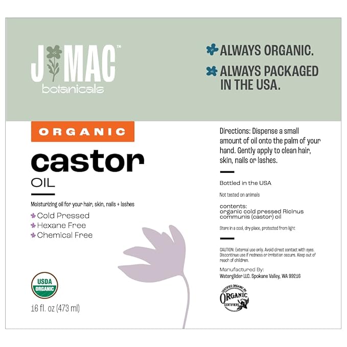 J Mac Botanicals Organic Castor Oil, Cold Pressed (32 oz) unrefined, cold pressed, hexane free for face, skin, eyelashes, pack wraps, pads