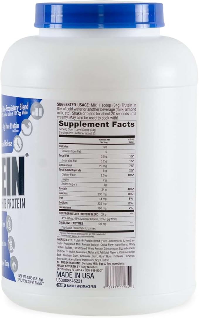Body Nutrition Trutein High Protein Powder: 45% Whey, 45% Casein, 10% Egg White, Gluten-Free, Low Sodium, Grass Fed Whey Protein Powder, Gym Supplement & Breakfast Shake, Salted Caramel, 4lb
