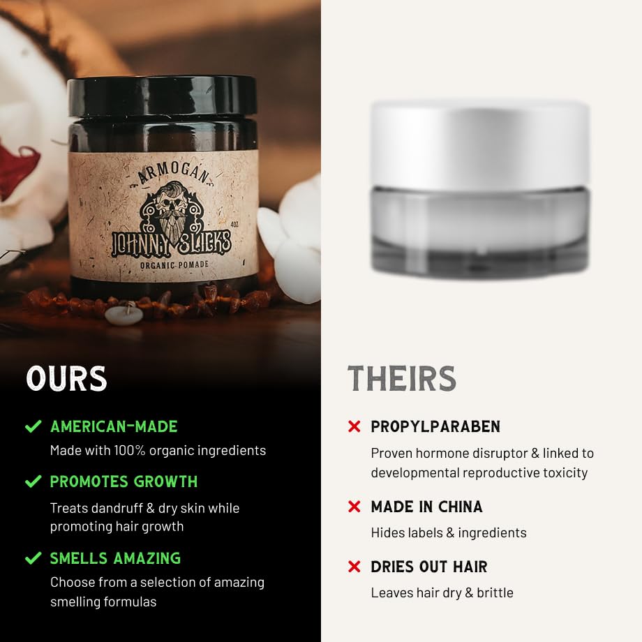 Johnny Slicks Water Based Pomade | Strong Hold, High Shine, All Organic Styling for Men | Promotes Healthy Hair Growth & Helps Hydrate Dry Skin (Rugged, 4 Ounce) US Made, Veteran Owned