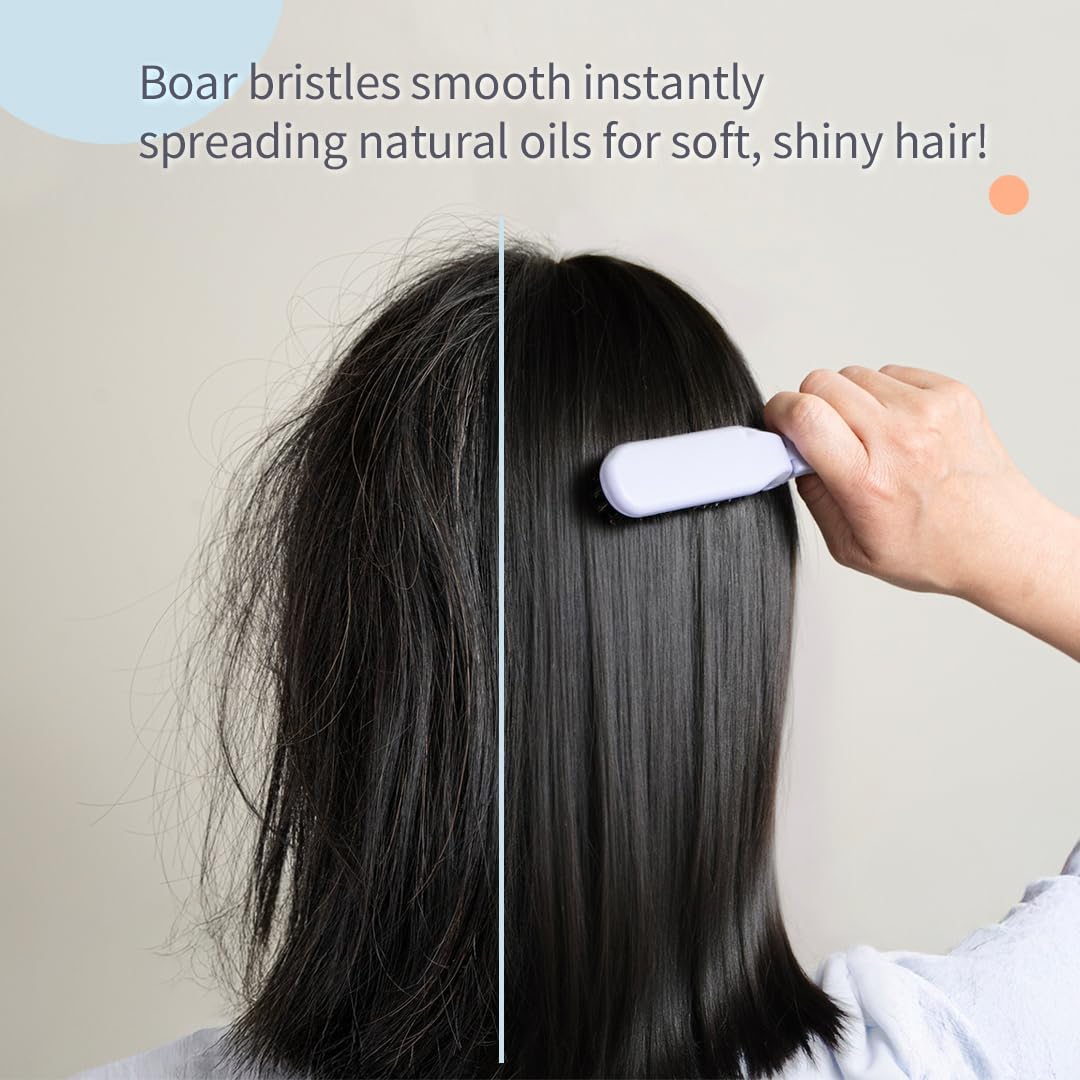 Uffy MiniPop Travel Hair Brush – Mini Folding Boar Bristles for Women, Men & Kids | Kid-Friendly Compact Comb for Wet & Dry Hair, Curly or Straight | Pocket-Size Detangler - Pistachio on Lavender