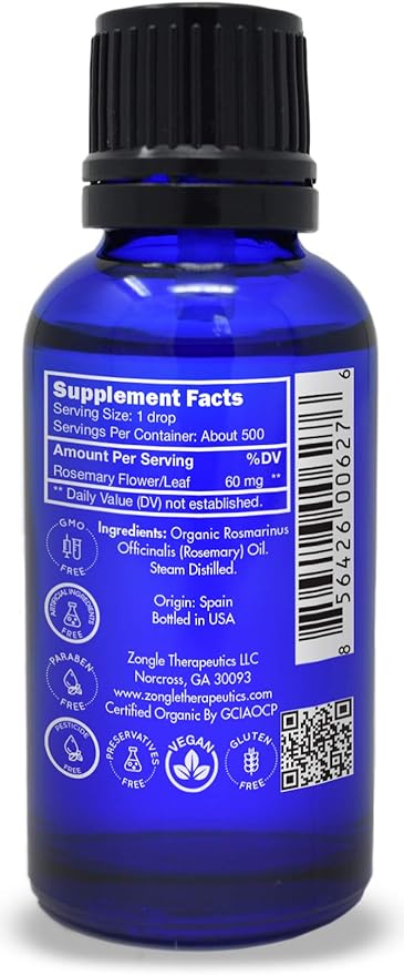 Organic, Rosemary Oil, Food Grade, for Hair, Growth – 100% Pure, Edible, Rosemary Essential Oil, by Zongle Therapeutics, 1 OZ