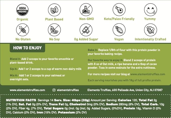 Elements Plant Based Vegan Protein Powder 1lb Pack 14 Servings