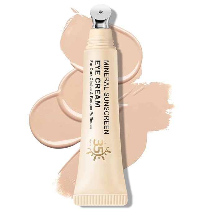 Mineral Sunscreen Eye Cream,3-in-1 Under Eye Cream,for Puffiness and Bags Under Eyes,Dark Circle and Wrinkles,Anti Aging,Under Eye Brightener and Concealer,SPF 35 (Light)