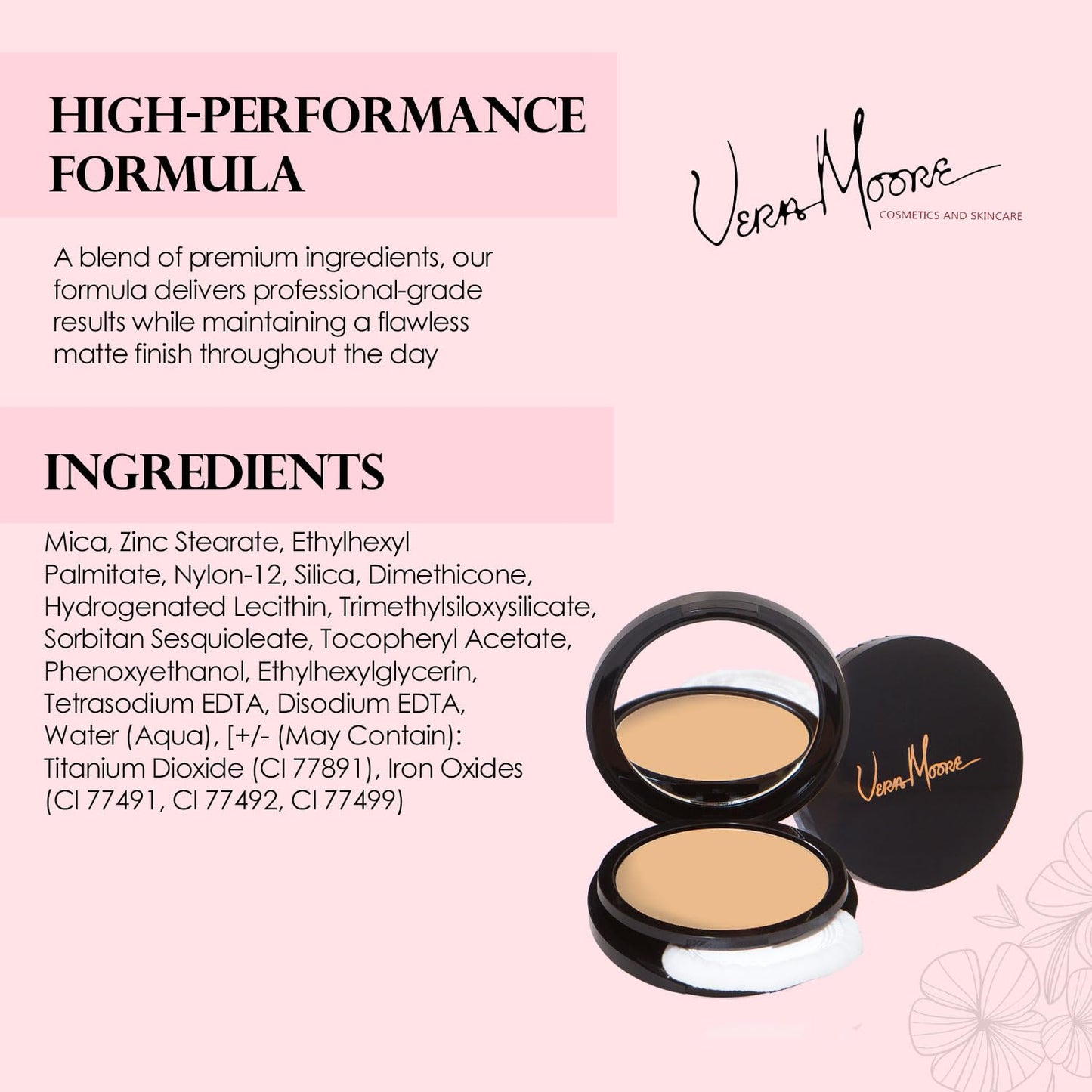 Vera Moore Matte Pressed Powder, Makeup Setting Compact Powder, Face Powder for Full Coverage with Flawless Finish, Shine, Matte Finish for All Skin Types (Café Au Lait, 12.5g)