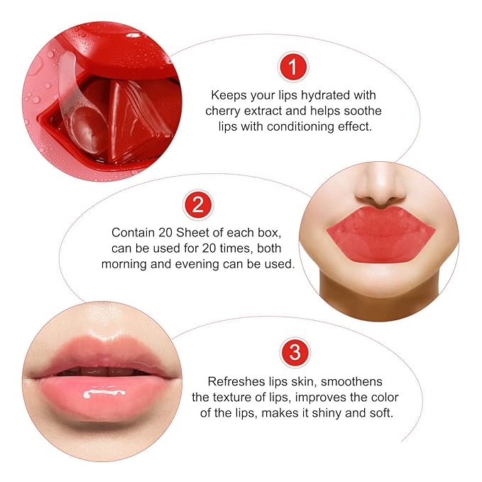 Charm Kiss 20Pcs Moisturizing Lip Mask, Lip Sleep Mask Reduces Lip Lines and Restores Moisture, Lip Mask Effectively Nourishes the Lip Skin, Gel Treatment Lip Masks Plumping Lips Mask Lip Care Products (Red)