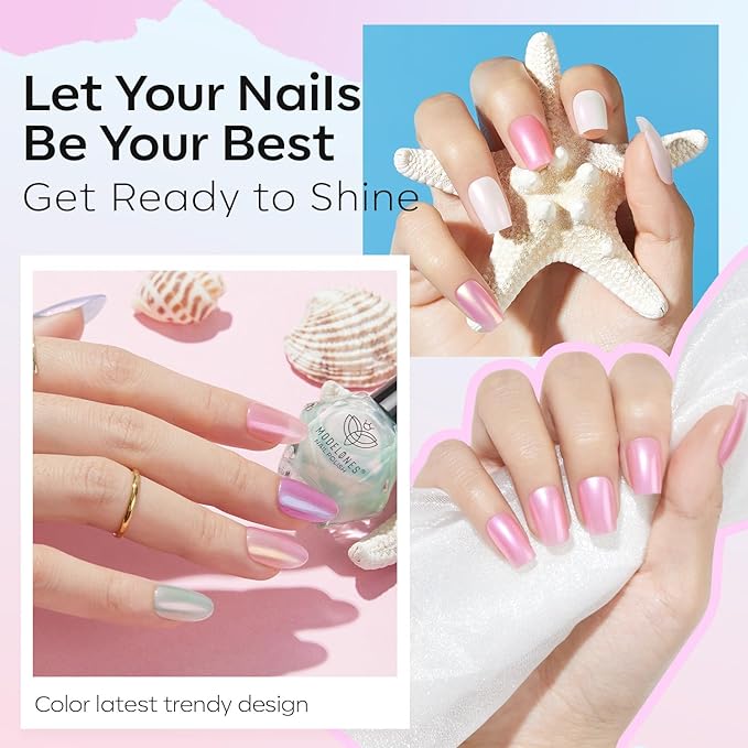 Modelones Pearl Nail Polish 6 Colors Shimmer Pearl White Pink Mermaid Purple Mini Nail Polish Set with Cuticle Remover Kit