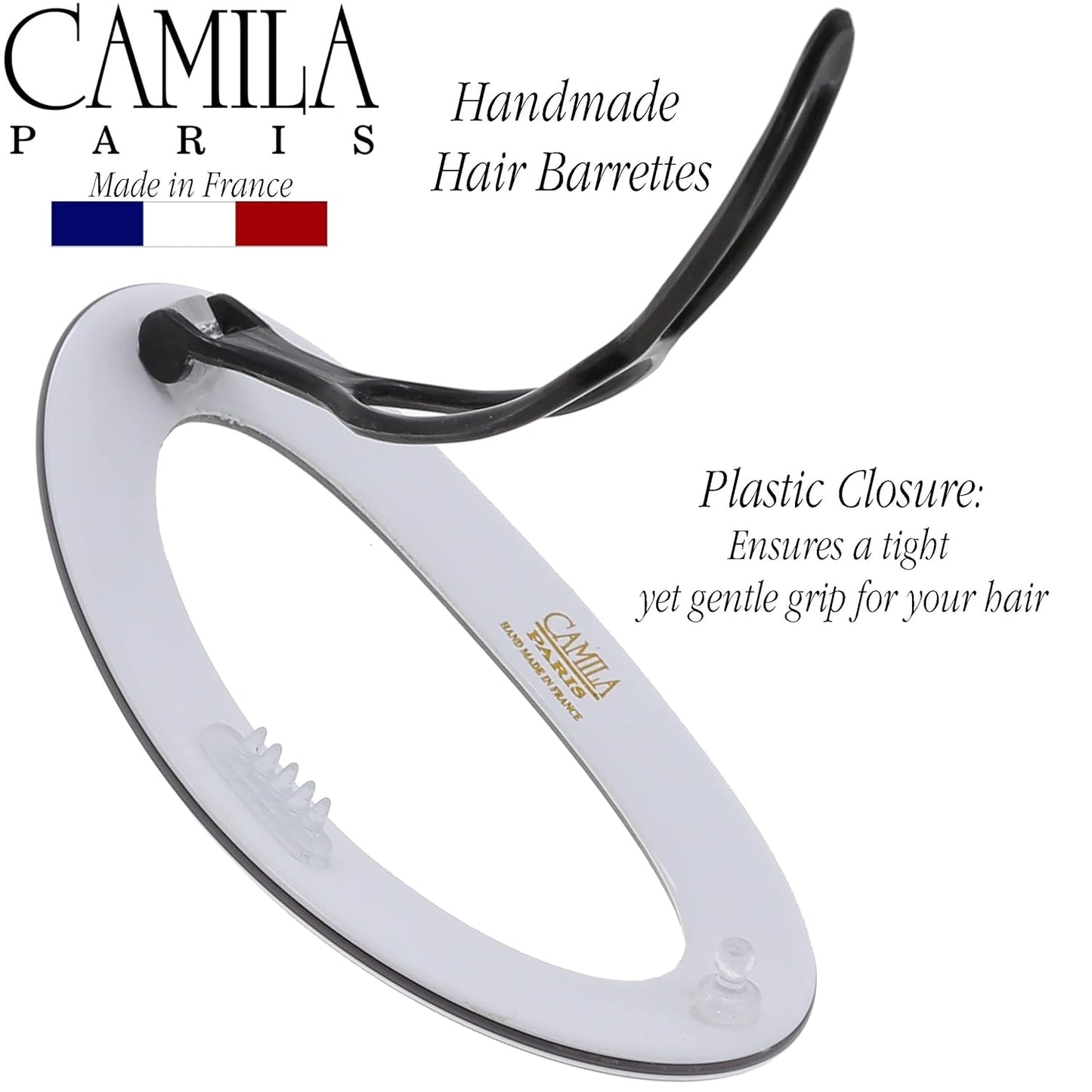 Camila Paris CP3363 French Hair Barrette Clip for Women, Handmade, Gray White, Slide-in Metal-Free Closure, Strong Hold Grip Hair Clips for Girls, No Slip Durable Hair Accessories, Made in France
