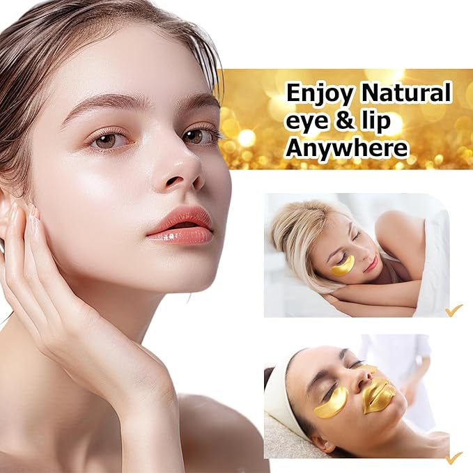 40 Pairs Pink Lip Masks & Eye Masks, 24K Gold Gel Collagen Eye Patches for Puffy Eyes, Dark Circles, Wrinkles and Eye Bags, Moisturizing Crystal Mask Set for Women Men