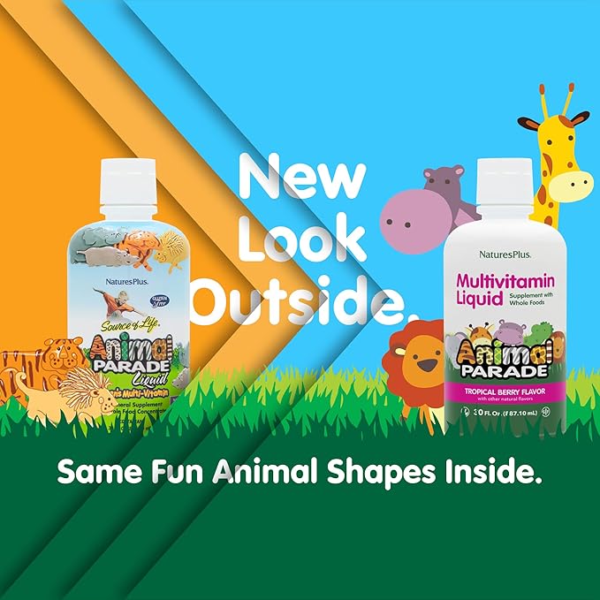 Natures Plus Animal Parade Source of Life Children's Liquid Multivitamin - Tropical Berry Flavor - 30 fl oz - Whole Food Supplement - Vegetarian, Gluten-Free - 60 Servings