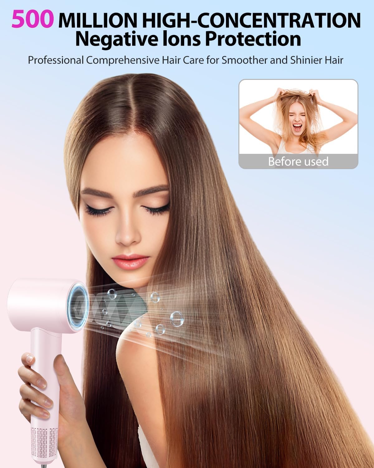 Professional High Speed Ionic Hair Dryer - 1 Min Fast Drying, 180000 RPM Blow Dryer 500 Million Negative Ions, No Heat Damage & Low Noise, Lightweight, Hairdryer with Magnetic Concentrator for Women