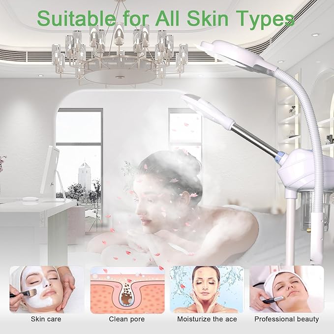 Professional Facial Steamer, 2-in-1 Face Steamer with 8X Magnifying Lamp, Ozone Face Steamer for Facial deep Cleaning Skin Firming Pores and Moisturizing Suitable for Salon, Beauty, Spa,Home (Large)