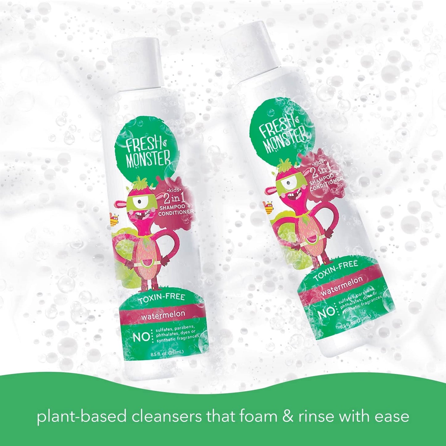 Fresh Monster 2-in-1 Shampoo & Body Wash, Toxin-Free, Hypoallergenic, Natural for Children, Watermelon - 2 Pack, 8.5oz/Each