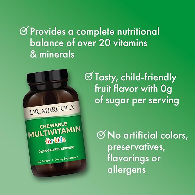 Dr. Mercola Chewable Multivitamin for Kids, 30 Servings (60 Tablets), 0g Sugar Per Serving, Natural Orange Flavor, Dietary Supplement, Supports Overall Health, Non-GMO