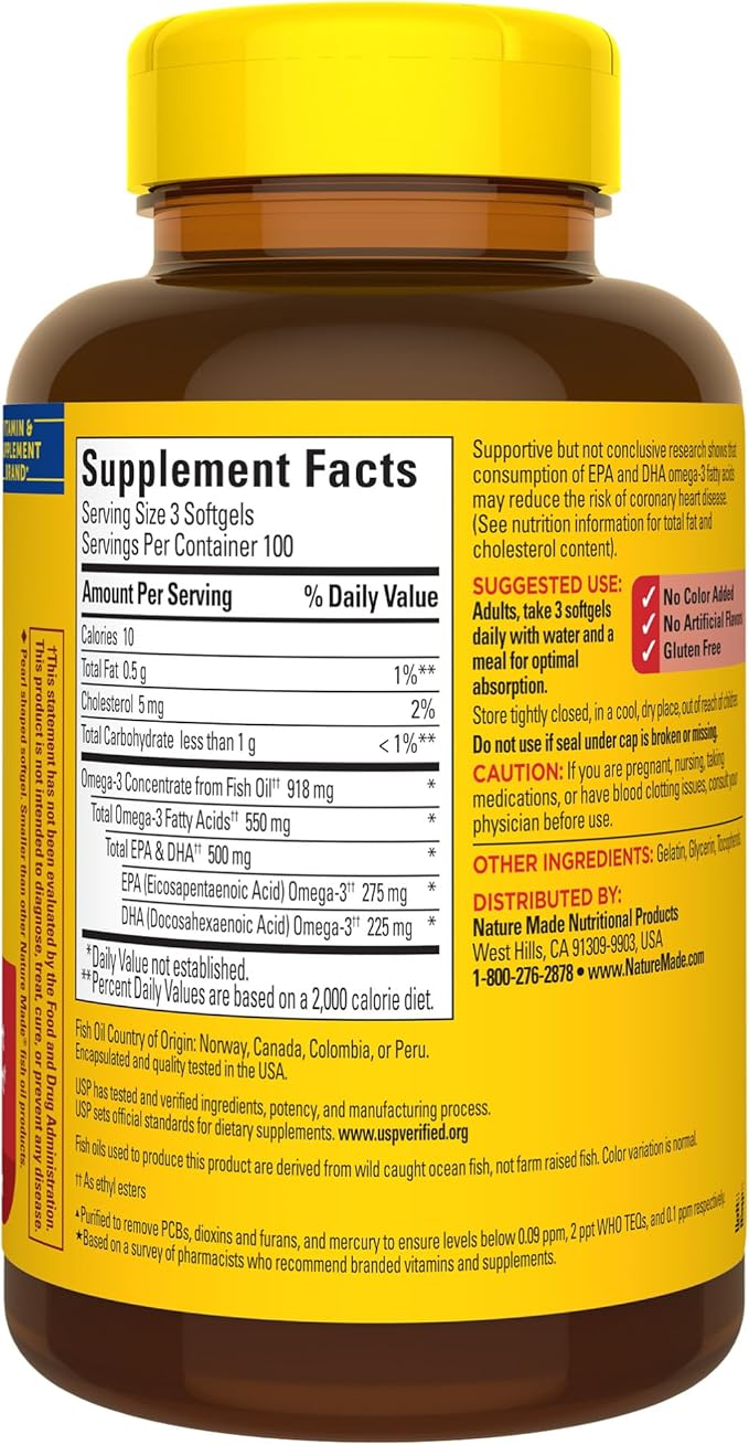 Nature Made Omega 3 Fish Oil 550 mg 3 Supplement 300 Softgels, 100 Day