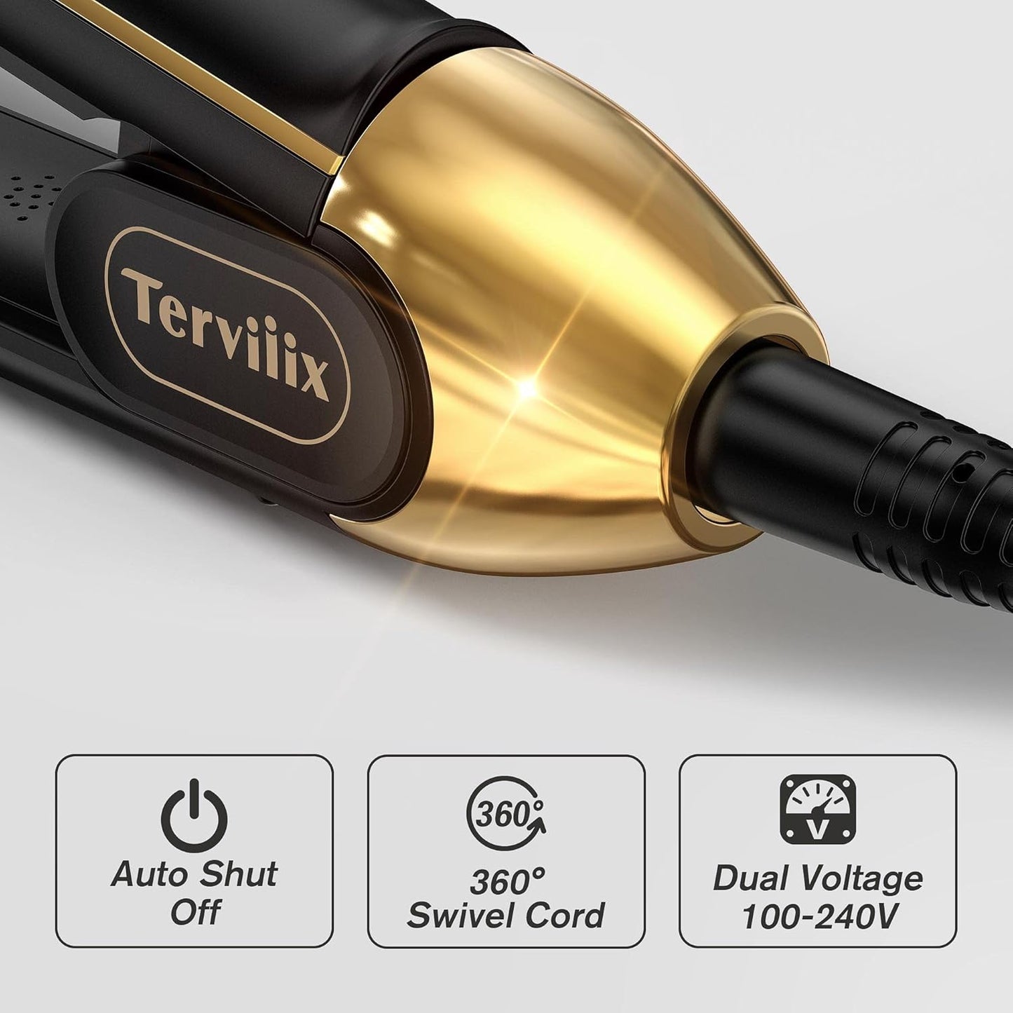 Terviiix Titanium Flat Iron Hair Straightener - ARC Non-Snagging for Smooth, One-Swipe Results, Salon-Grade Wide 1-3/4 Inch Straightening Iron Saves Time on Thick, Curly, Black & Natural Hair, Gold