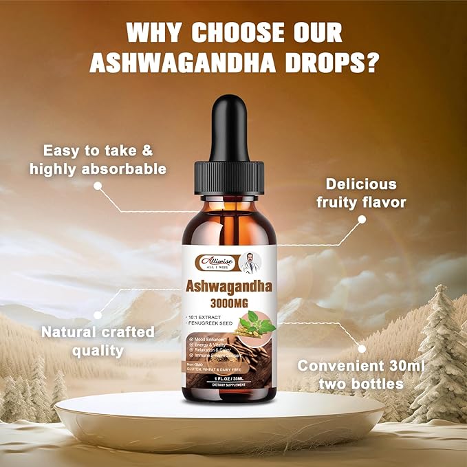 2 Pack Ashwagandha Supplement Liquid Drops 3000mg with VitaminD3,Fenugreek Seeds,Magnesium
