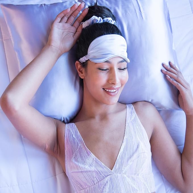 Vegan Silk Sleep Set, Silky Pillowcase with Large Scrunchie and Eye Mask for Hair and Skin, Self Care Essential Satin Night Routine Kit (Purple Color)