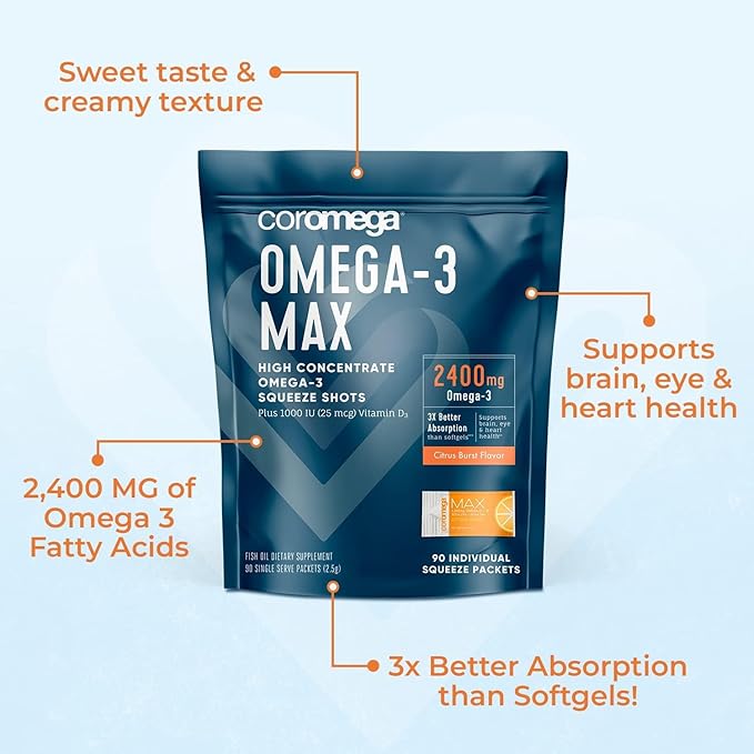 Coromega MAX High Concentrate Omega 3 2400mg Omega-3s Omega-3s with 3X Better 60 Single