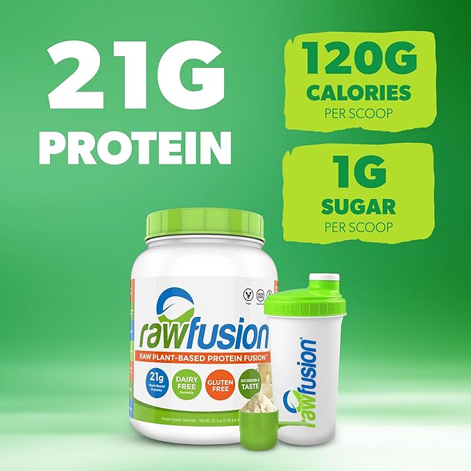 Rawfusion- Vegan Protein Powder, Banana Nut - 30 Servings, 21g of Plant Based Protein, Low Net Carbs, Non-Dairy, Gluten/ Lactose Free, Soy Free, Kosher, Non-GMO, 2lb Pound