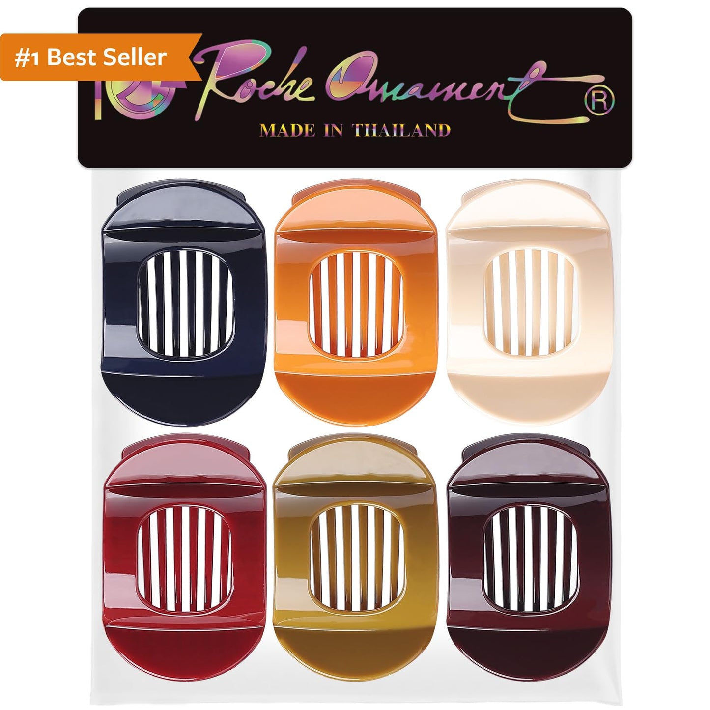 RC ROCHE 6 Pcs Flat Claw Hair Clips for Women Thick Hair French Round Duckbill Square Secure Strong Hold Grip Clamps Barrettes Curved No Slip No Crease Styling Cute Extra Jumbo XL, Large Classic