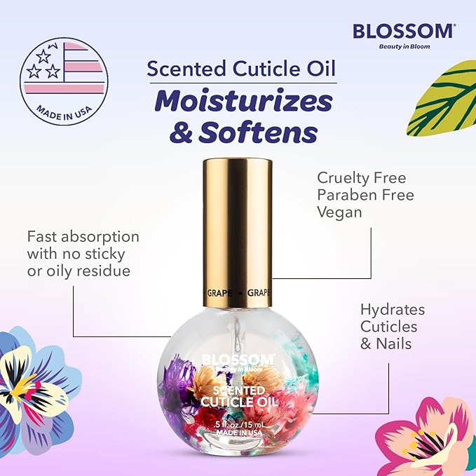 Blossom Cuticle Oil for Nails, Hydrating, Moisturizing, Scented Nail Oil Cuticle Care, Infused with Real Flowers, Made in USA, 0.5 fl. oz, Grape