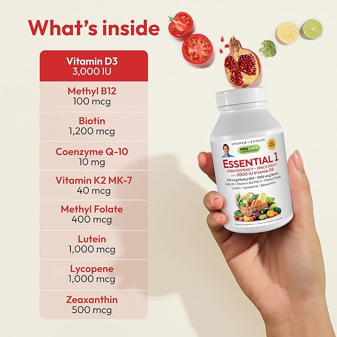 ANDREW LESSMAN Essential-1 Multivitamin 3000 IU Vitamin D3 360 Small Capsules – 100 mcg Methyl B12. CoQ10 Lutein Lycopene Zeaxanthin. High Potency. No Additives. Gentle Ultra-Mild. One Daily Capsule