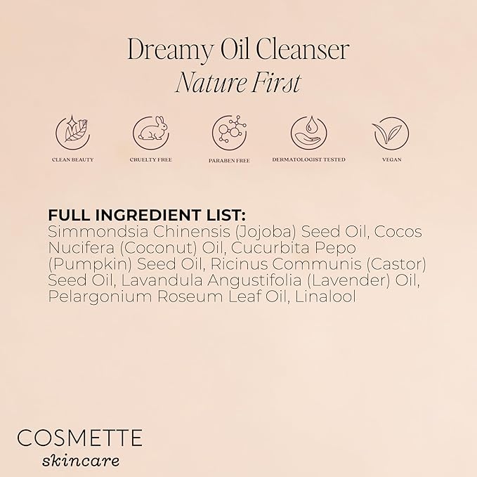 Cosmette Dreamy Oil Face Wash, Facial Oil Cleanser With Castor, Coconut, Jojoba & Pumpkin Seed Oils, Vegan Makeup Remover to Hydrate, Gentle, Natural Skin Care, Non Comedogenic, 1.7 Fl Oz