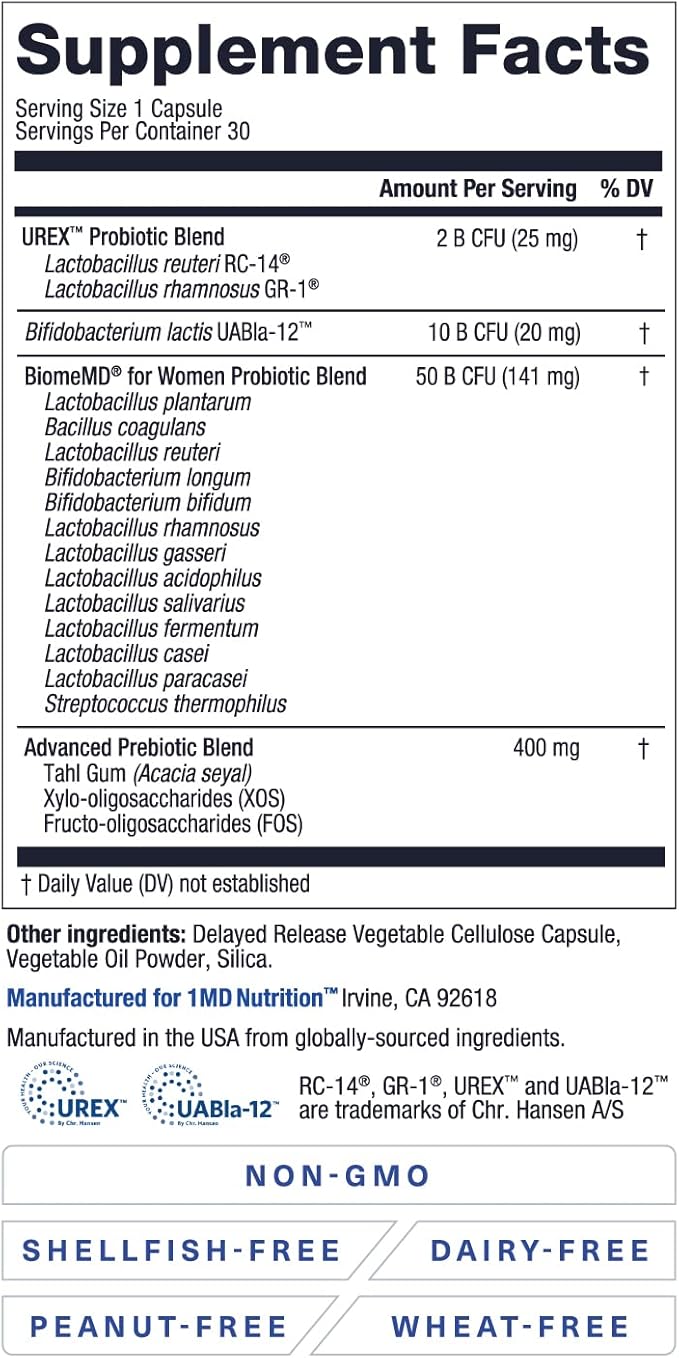 1MD Nutrition BiomeMD Probiotics for Women 62 Billion 16 Strains 30 Capsules (2-Pack)