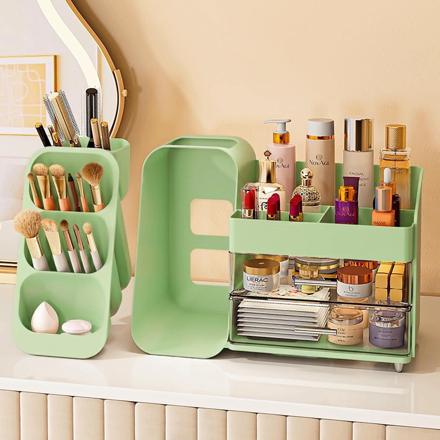 Makeup Organizer with Drawers,Large Capacity Countertop Organizer for Vanity,Bathroom and Bedroom Desk Cosmetics Organizer,Easy To Storage Skincare,Brushes,Lotions,Lipstick (Green)