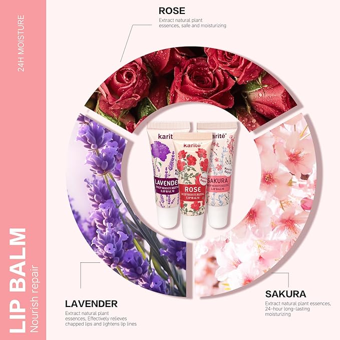 Lip Balm with Floral Fragrance - Enchanting Roses, Fragrant Lavender & Elegant Plum Blossoms - Perfect Stocking Stuffers for Women & Birthday Gifts for Women,100% natural lipstick