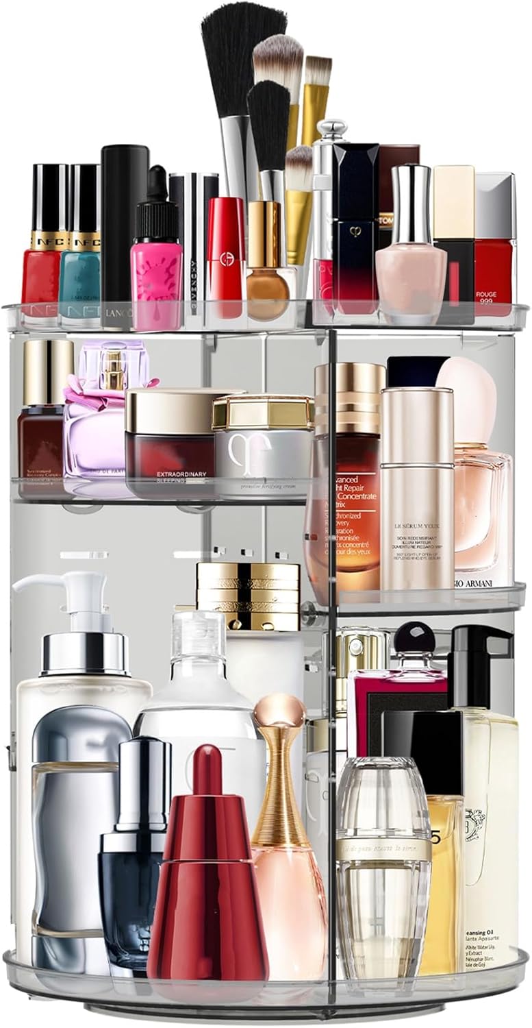 MISERWE Makeup Organizer 360 Rotating Cosmetic Organizer DIY Adjustable Makeup Carousel Spinning Holder Rack, Large Capacity Cosmetic Storage Box Makeup Brushes Organizer for Vanity Countertop (Grey)