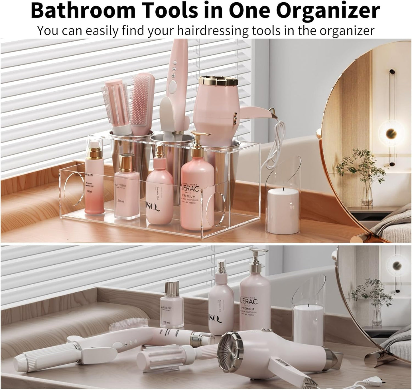 NIUBEE Hair Tool Organizer, Clear Acrylic Hair Dryer and Styling Organizer, Bathroom Countertop Blow Dryer Holder, Vanity Caddy Storage Stand for Accessories, Makeup, Toiletries