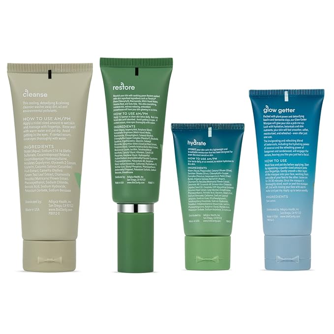 BioClarity 3-Step Essentials Skin Care Routine with Hydrating Mask for Normal and Oily Skin Types | Cleanse, Restore, Moisturize, Hydrate | 100% Clean Vegan Ingredients | Mini Size