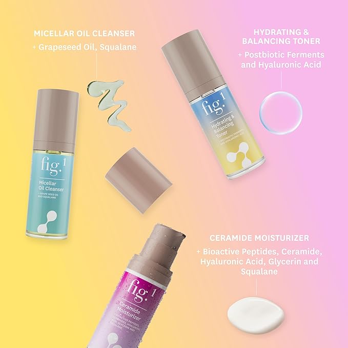 Fig.1 Dewy Morning, Daily Hydration Skincare Gift Set - Travel & Trial Size - Includes Micellar Oil Cleanser (30ml), Hydrating & Balancing Toner (30ml) & Ceramide Moisturizer (30ml)