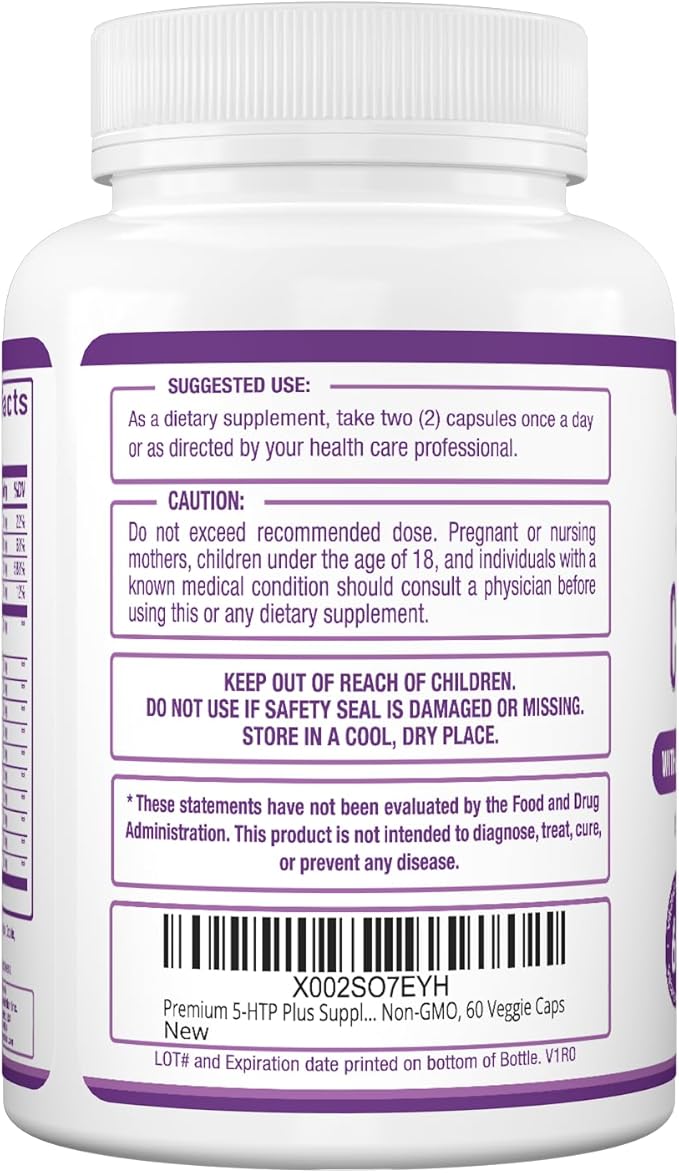 Purely Optimal Premium 5-HTP Plus Supplement 250mg Maximum B6, Gluten 60 Veggie