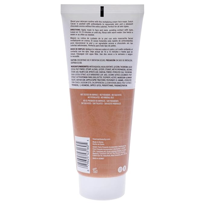 Freeman Exotic Blends Dutch Cacao Cream Face Mask, Antioxidant Rich, Rejuvenating Facial Mask Restores Skin, Chocolate Aroma, Clean Skincare, For All Skin Types, 6 fl. oz./175 ml. Tube (Pack of 3)