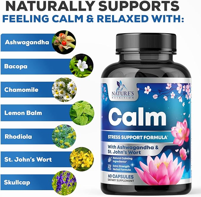 Stress Support Supplements for Mood & 5-HTP, L-Theanine 60 Capsules