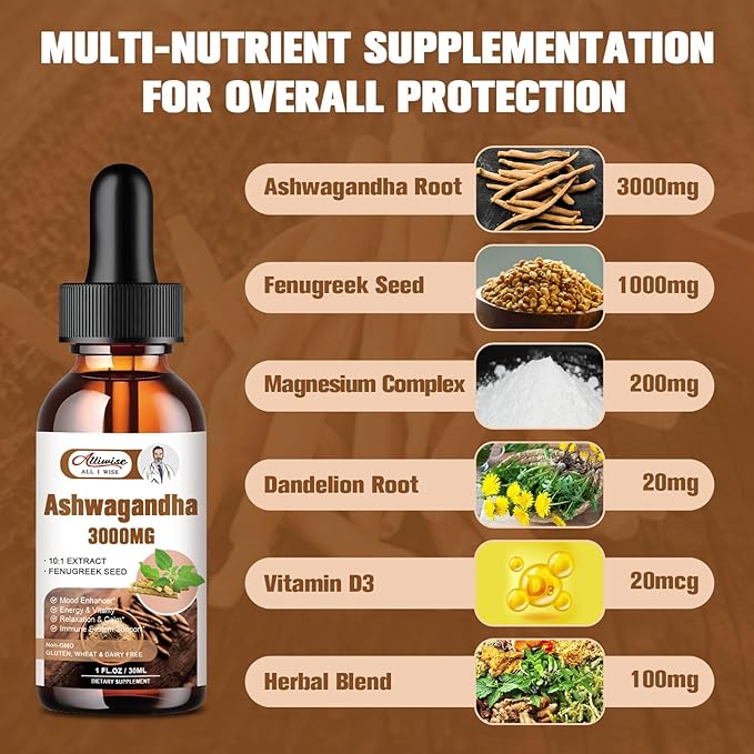 2 Pack Ashwagandha Supplement Liquid Drops 3000mg with VitaminD3,Fenugreek Seeds,Magnesium
