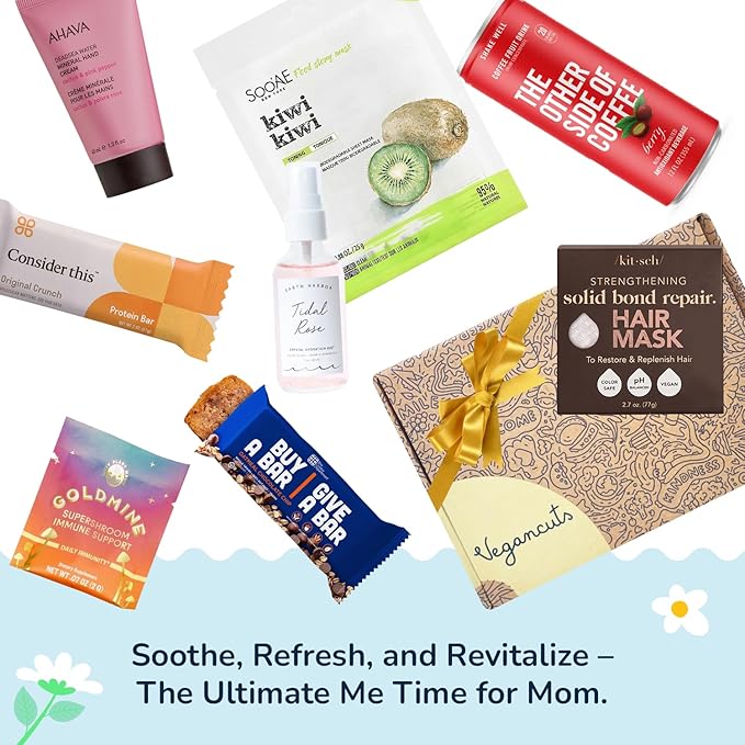 Vegan Wellness & Beauty Gift Box – Immune Support Powder, Protein Bars, Hydration Mist, Hair Mask, Hand Cream & Kiwi Mask – Ideal Gift for Moms, Women & Self-Care Lovers