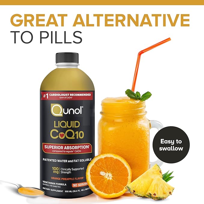 Qunol CoQ10 Liquid Supplement 100mg, Superior Absorption, Natural Form of Coenzyme Q10, Antioxidant for Heart Health, Orange Pineapple Flavored, 90 Servings, 30.4 oz Bottle