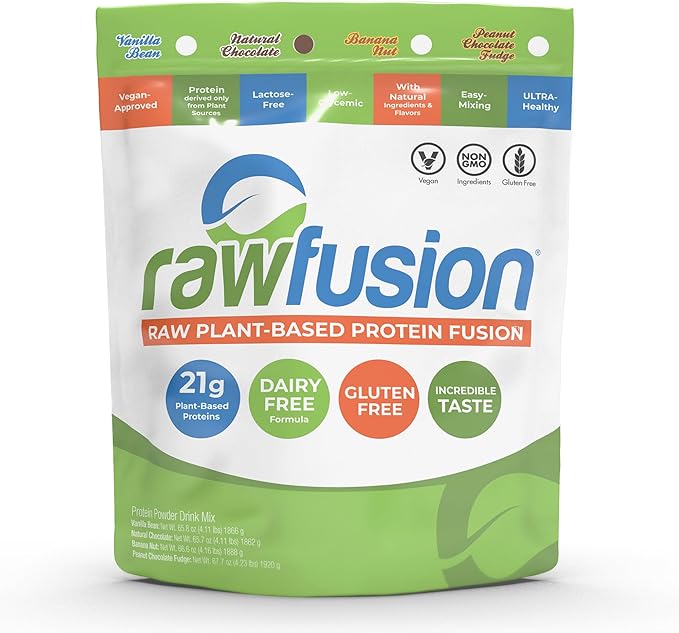 Rawfusion 4lbs- Raw Plant Based Protein Powder, Natural Chocolate - 21g of Protein, Vegan, Low Net Carbs, Gluten Free, Lactose Free, Soy Free, Non-GMO.