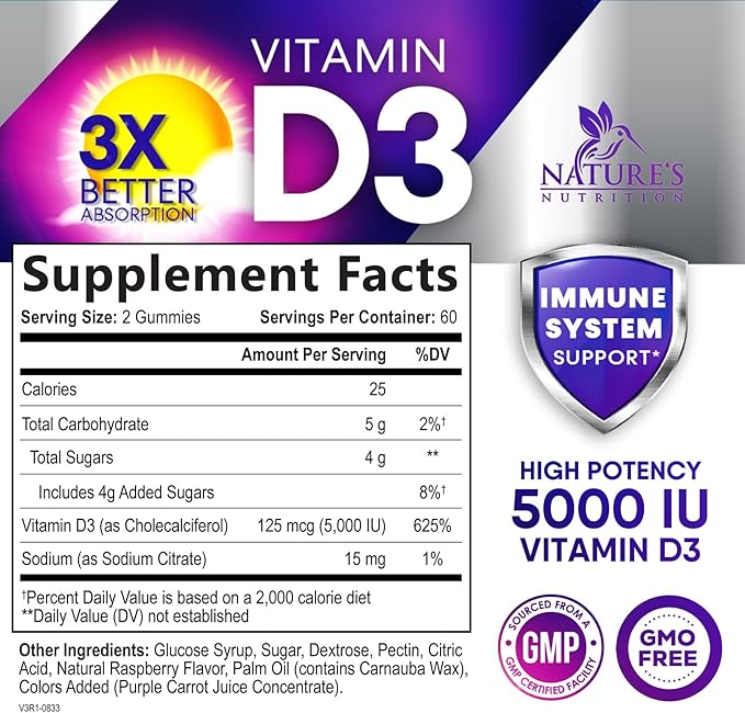 Vitamin D3 Gummy Vitamins Extra Strength 5000 IU (125 mcg) 120 Gummies