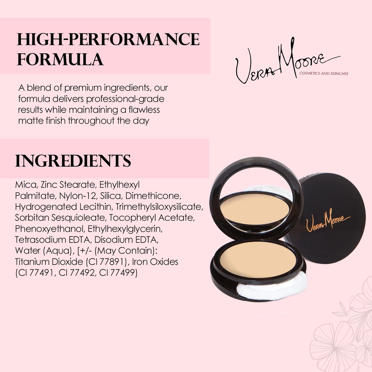 Vera Moore Matte Pressed Powder, Makeup Setting Compact Powder, Face Powder for Full Coverage with Flawless Finish, Shine, Matte Finish for All Skin Types (Buff, 12.5g)